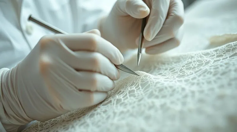 A close-up, photorealistic shot of a professional textile conservator's hands, wearing white gloves, meticulously working on a delicate piece of vintage lace with specialized tools in a brightly lit, sterile studio environment. Professional photography, 8K, cinematic lighting, sharp focus, depth of field, shot on a high-end DSLR.