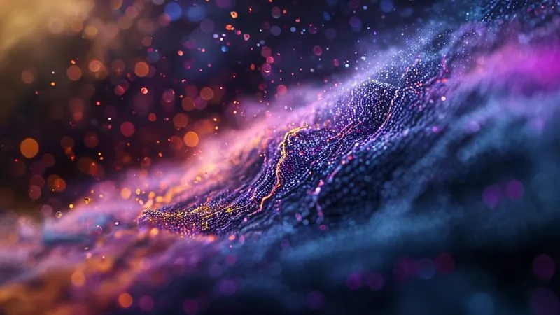 photorealistic, professional photography, 8K, cinematic lighting, sharp focus, depth of field, shot on a high-end DSLR, a microscopic view of a textile fiber, showing broken molecular bonds and faded color particles under harsh UV light, with a scientific, analytical feel, representing dye degradation.