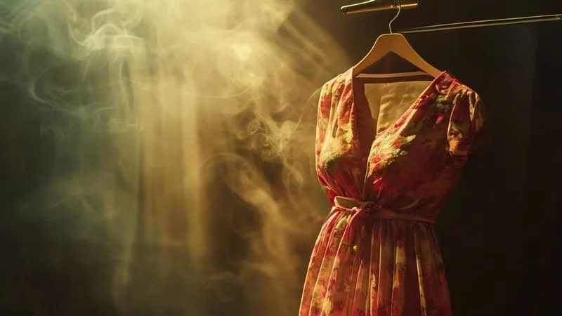 photorealistic, professional photography, 8K, cinematic lighting, sharp focus, depth of field, shot on a high-end DSLR, a vintage dress draped over a padded hanger, with a soft, warm steam emanating from below, highlighting a subtle revival of color and sheen on the fabric, conveying gentle restoration.