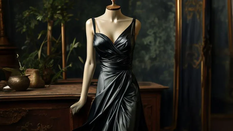 photorealistic, professional photography, 8K, cinematic lighting, sharp focus, depth of field, shot on a high-end DSLR, a beautifully restored 1940s black silk cocktail dress, draped elegantly on a vintage mannequin, with rich, deep black color, soft sheen, and intricate details, showcasing successful dye restoration.
