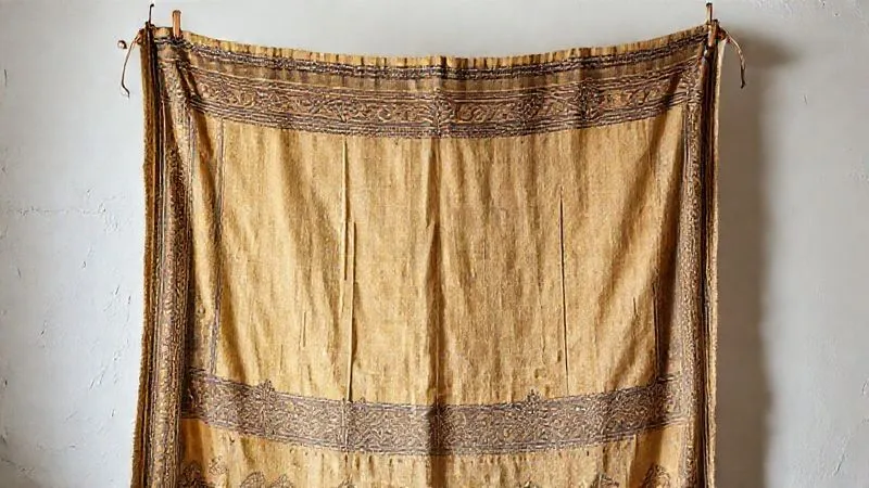 A vintage textile, perfectly pressed and steamed, hanging in a professional studio, showcasing its restored beauty, with soft, even lighting, photorealistic, professional photography, 8K, cinematic lighting, sharp focus, depth of field, shot on a high-end DSLR.