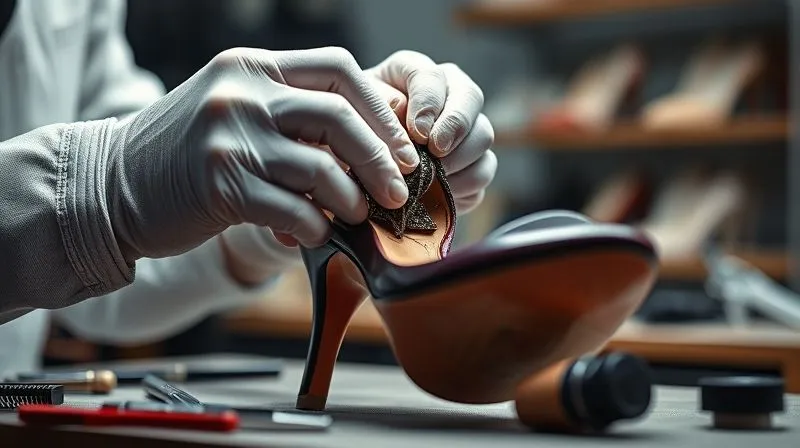 A skilled artisan's hands, wearing white gloves, meticulously working on a luxury designer heel in a well-lit, professional shoe repair workshop. The heel shows a complex repair, possibly involving re-dyeing or structural reinforcement. Cinematic lighting highlights the delicate tools and the focused concentration, conveying expertise and precision, 8K hyper-detailed.
