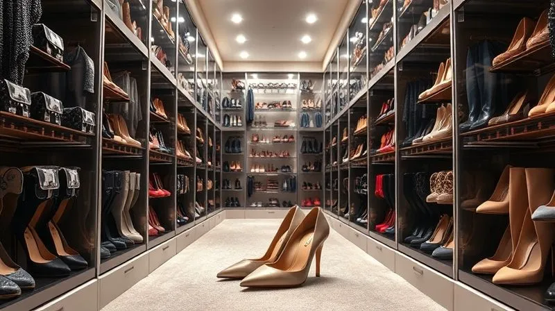 A luxurious walk-in closet with perfectly organized rows of high-end designer shoes, each in its dust bag or on a shoe tree. The lighting is soft and inviting, emphasizing meticulous care and preservation. A pair of pristine, restored designer heels sits prominently, symbolizing successful maintenance, 8K hyper-detailed.