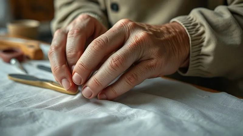 A close-up, photorealistic professional photography shot of an elderly artisan's calloused hands, gently manipulating a delicate piece of silk organza, with intricate hand-stitched details visible. The background is softly blurred to show tools of the trade in a traditional atelier. Cinematic lighting, sharp focus on the hands, depth of field, 8K hyper-detailed, shot on a high-end DSLR, conveying deep experience and meticulous care.
