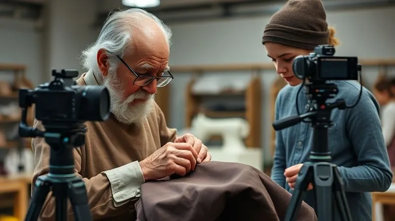 A photorealistic professional photography shot inside a modern haute couture atelier. An elderly master artisan, with a serene expression, is meticulously working on a garment while a younger apprentice observes intently. A high-resolution camera on a tripod is subtly filming the artisan's hands, capturing every detail. Cinematic lighting, sharp focus on the interaction, depth of field, 8K hyper-detailed, shot on a high-end DSLR, symbolizing the blend of tradition and technology in skill preservation.