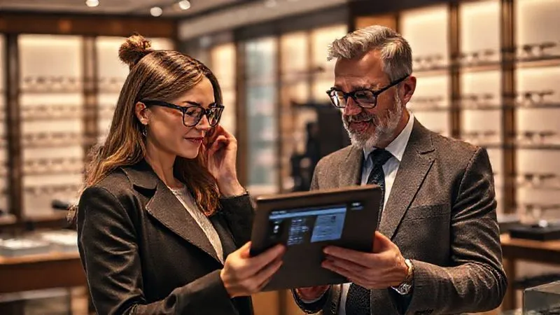 photorealistic, professional photography, 8K, cinematic lighting, sharp focus, depth of field, shot on a high-end DSLR, a highly personalized, one-on-one consultation in a luxurious eyewear boutique, a stylish client trying on designer frames with a knowledgeable optician providing expert advice, the optician is holding a tablet displaying the client's past purchases and preferences, warm, inviting lighting, elegant display cases blurred in the background, conveying exclusivity and tailored service.