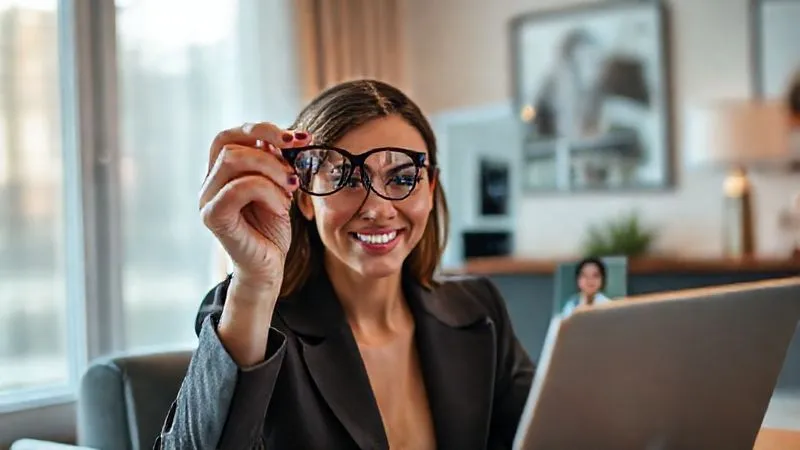 photorealistic, professional photography, 8K, cinematic lighting, sharp focus, depth of field, shot on a high-end DSLR, a stylish woman on a video call, smiling and holding up a pair of elegant eyewear to her face, receiving a virtual styling consultation from a professional, the screen of the laptop or tablet shows a friendly expert, the background is a chic, modern home office, conveying convenience, personalized digital service, and luxury.