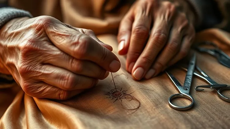 A close-up of aged, skilled hands with delicate wrinkles and strong fingers, meticulously working on an intricate detail of a luxury silk fabric, perhaps embroidering with fine threads. The hands convey wisdom and precision, with soft, warm light highlighting the texture of the fabric and the tools. Professional photography, 8K, cinematic lighting, sharp focus, depth of field blurring a background of traditional atelier tools, shot on a high-end DSLR. The image evokes a sense of dedication and timeless skill.