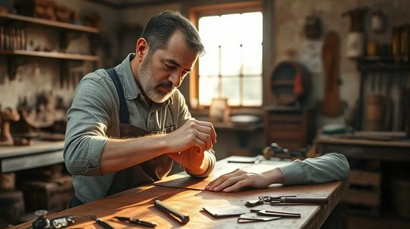 A master artisan with a focused, kind expression patiently guiding a young apprentice's hands on a workbench, both working on a delicate piece of leather goods. The scene is bathed in soft, natural light coming through a large window, highlighting the textures of leather and tools. The focus is on the shared task and the transfer of knowledge, with the apprentice looking eager to learn. Professional photography, 8K, cinematic lighting, sharp focus on the hands and tools, depth of field blurring the background of an organized atelier, shot on a high-end DSLR. The image conveys mentorship and the continuation of a legacy.