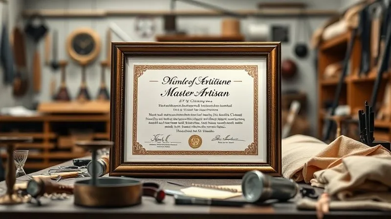 Photorealistic image of a framed certificate of recognition for a master artisan, displayed prominently in a haute couture atelier, surrounded by delicate tools and fabrics, professional photography, 8K, cinematic lighting, sharp focus, depth of field.