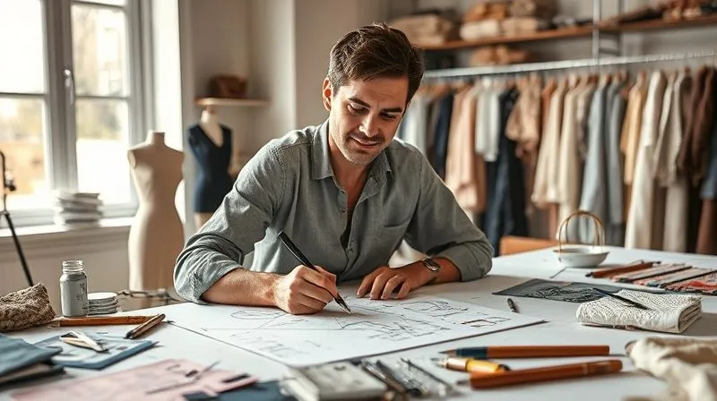 Photorealistic image of a master couturier sketching designs on a large table, surrounded by various fabric swatches and design tools, an expression of thoughtful concentration on their face, soft natural light, professional photography, 8K, cinematic lighting, sharp focus, depth of field.