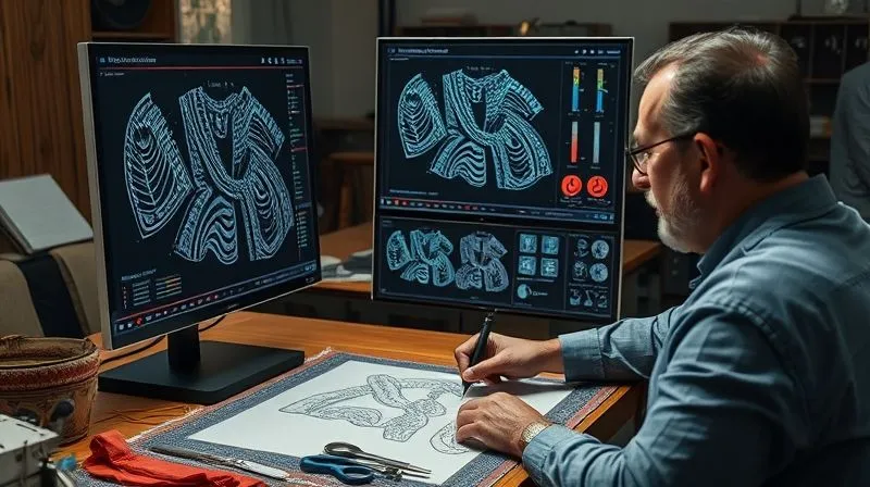 Photorealistic image of a master artisan examining a complex digital pattern on a large screen, with traditional sewing tools and fabric samples laid out on a table nearby, blending old and new technologies seamlessly, professional photography, 8K, cinematic lighting, sharp focus, depth of field.
