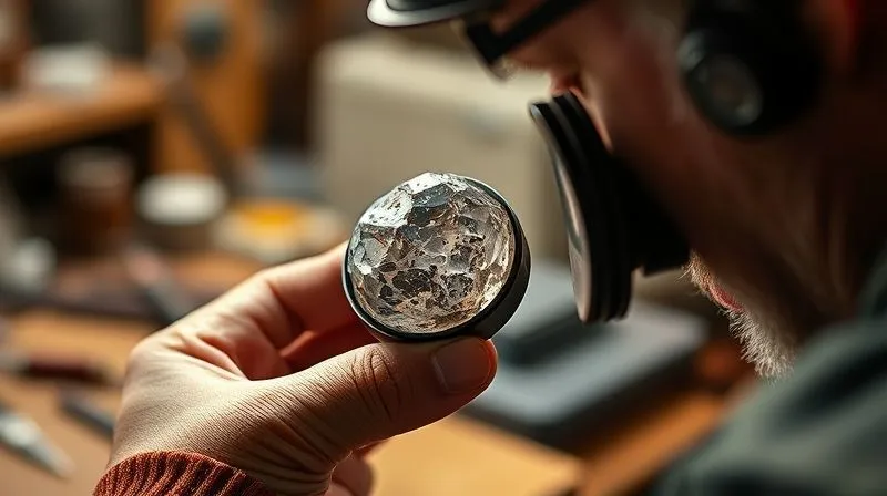 Photorealistic, professional photography, 8K, cinematic lighting, sharp focus, depth of field, shot on a high-end DSLR, a skilled artisan's hands meticulously inspecting a rare, rough gem under a jeweler's loupe, with blurred background elements suggesting a clean, modern workshop and a sense of dedication and precision, conveying craftsmanship and ethical processing.