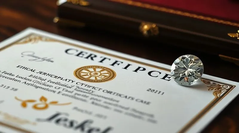 Photorealistic, professional photography, 8K, cinematic lighting, sharp focus, depth of field, shot on a high-end DSLR, a polished, official-looking certificate with intricate gold leaf details, featuring a prominent ethical jewelry certification logo, resting on a dark wood desk next to a shimmering diamond, conveying authenticity, trust, and official endorsement.