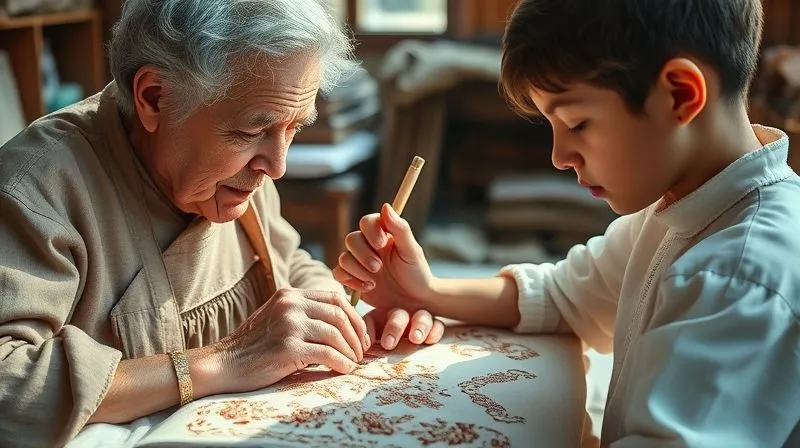 Photorealistic, professional photography, 8K, cinematic lighting, sharp focus, depth of field, shot on a high-end DSLR. An older, experienced artisan with delicate hands guiding the hands of a younger apprentice, both focused on intricate embroidery on a piece of haute couture fabric. The scene is set in a sunlit, traditional atelier, emphasizing knowledge transfer and legacy.