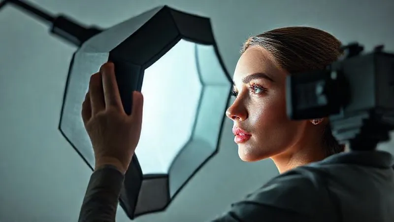 Photorealistic, professional photography, 8K, cinematic lighting, sharp focus, depth of field, shot on a high-end DSLR. A beauty photographer meticulously adjusting a large octagonal softbox for a model's face, ensuring even, flattering light. The model is looking towards the light, with a clean, natural makeup look, subtly glowing skin, and a serene expression. The studio background is minimalist and clean.