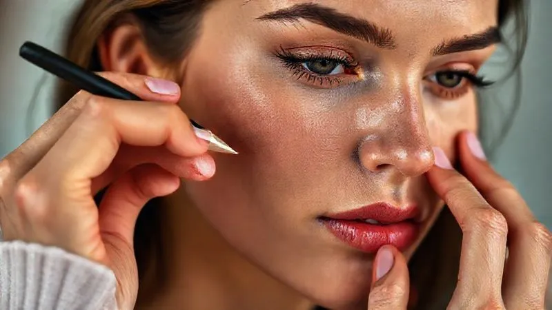 Photorealistic, professional photography, 8K, cinematic lighting, sharp focus, depth of field, shot on a high-end DSLR. A retoucher's hands precisely using a stylus and tablet to perform micro dodge and burn on a beauty portrait in Photoshop, focusing on a model's cheek. The screen shows the subtle, non-destructive adjustments enhancing natural skin contours and evening tones, with visible skin texture.