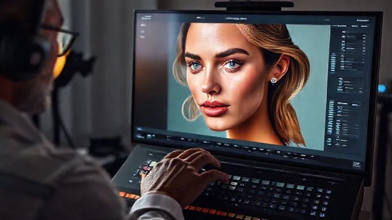 Photorealistic, professional photography, 8K, cinematic lighting, sharp focus, depth of field, shot on a high-end DSLR. A digital artist working on a color grading interface in a professional studio, subtly adjusting hues and saturation on a beauty portrait on a large monitor, ensuring natural skin tones and a healthy glow. The screen shows a split view: before and after natural color correction, highlighting the nuanced improvements. The artist's hand is on a color grading panel, demonstrating precision.