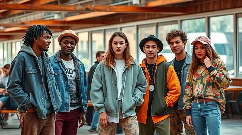 Photorealistic, professional photography, 8K, cinematic lighting, sharp focus, depth of field, shot on a high-end DSLR. A diverse group of Gen Z individuals, each showcasing unique, expressive streetwear styles that blend comfort, sustainability, and individuality. They are interacting authentically in a vibrant, urban setting, perhaps a skate park or an indie cafe. The mood is confident, inclusive, and forward-thinking.