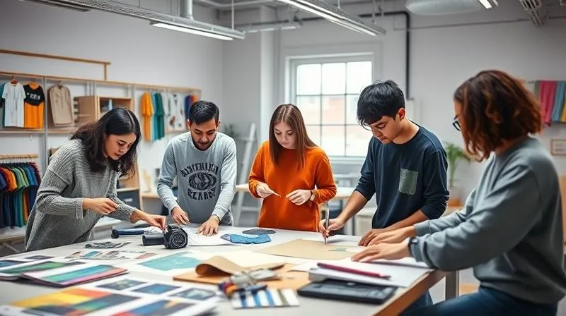 Photorealistic, professional photography, 8K, cinematic lighting, sharp focus, depth of field, shot on a high-end DSLR. A dynamic scene in a modern design studio, where a diverse team of young designers are rapidly prototyping streetwear garments. Mood boards with vibrant colors and textures are visible, alongside digital design tablets and fabric swatches. The atmosphere is collaborative, fast-paced, and innovative, with a sense of creative urgency.
