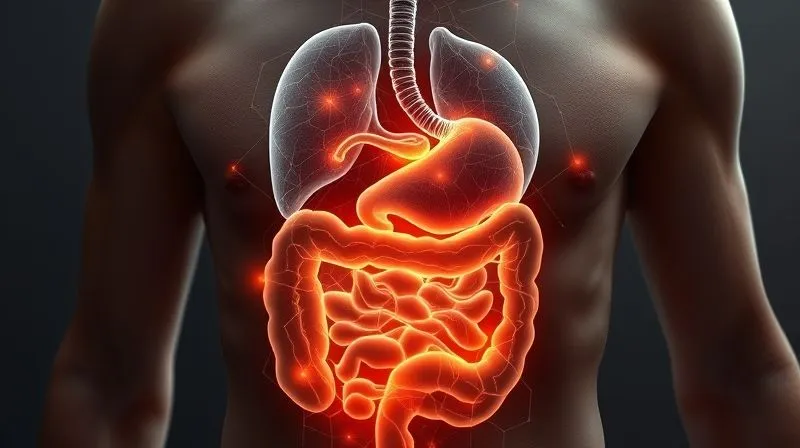 photorealistic, professional photography, 8K, cinematic lighting, sharp focus, depth of field, shot on a high-end DSLR, a detailed anatomical diagram overlaying a human torso, showing a glowing, healthy gut microbiome interconnected with the skin via a subtle network of light, symbolizing the gut-skin axis. The skin on the torso is clear and vibrant, emphasizing the internal connection to external beauty.