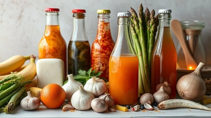 photorealistic, professional photography, 8K, cinematic lighting, sharp focus, depth of field, shot on a high-end DSLR, a vibrant, artistic arrangement of fermented foods (kimchi, sauerkraut, kefir, kombucha bottles) alongside fresh prebiotic-rich foods (garlic, onions, bananas, asparagus). Soft, natural light highlights the textures and colors, emphasizing health and nourishment.