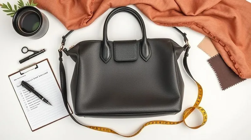 A photorealistic flat lay of a gifted designer handbag, surrounded by elements that suggest its review process: a notepad with bullet points, a measuring tape, and swatches of fabric, all against a clean, stylish background. Professional photography, 8K, cinematic lighting, sharp focus, depth of field, shot on a high-end DSLR.