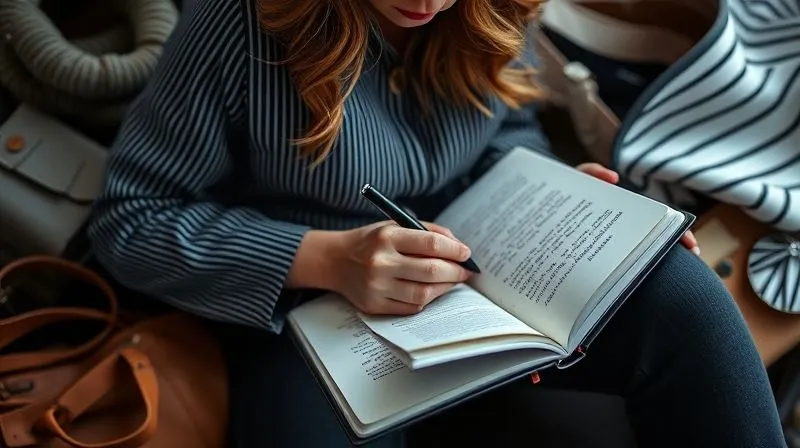 A photorealistic image of a fashion blogger thoughtfully writing in a sleek notebook, surrounded by a curated selection of diverse fashion items (some with subtle 'gifted' tags, others personal purchases), representing a balanced and ethical approach to content creation. Professional photography, 8K, cinematic lighting, sharp focus on the notebook, depth of field blurring the background, shot on a high-end DSLR.