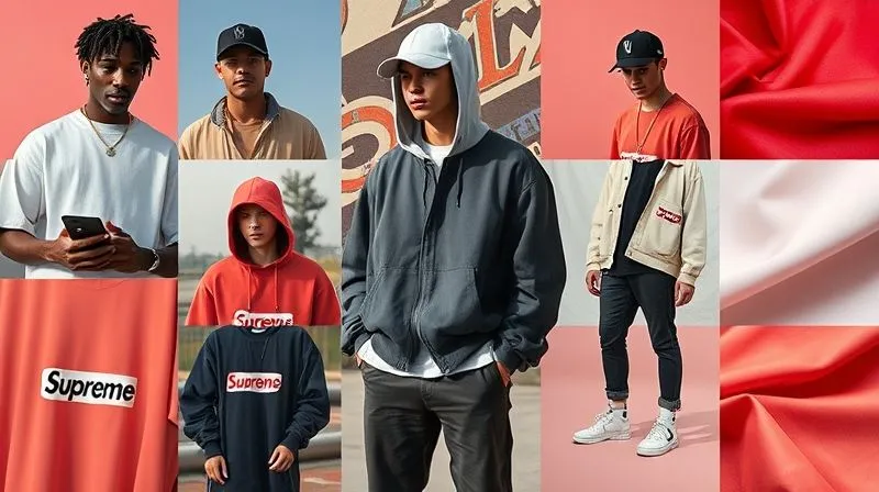 A dynamic, photorealistic mood board collage showcasing a mix of vintage streetwear photography from the 90s (like early Supreme or Stüssy campaigns) alongside sleek, modern minimalist streetwear designs and sustainable fabric swatches. Professional photography, 8K, cinematic lighting, sharp focus on the details, depth of field. Shot on a high-end DSLR.