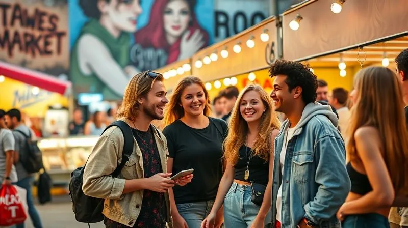 A vibrant, photorealistic image of a diverse group of young adults, dressed in stylish, modern streetwear, actively interacting and laughing at a bustling pop-up market. The scene is full of energy, with street art in the background and warm, inviting cinematic lighting. Sharp focus on the people, depth of field blurring the market stalls. 8K hyper-detailed, shot on a high-end DSLR.