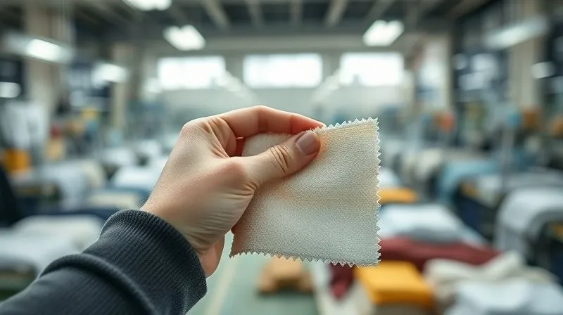 A close-up, photorealistic shot of a hand gently holding a fabric swatch made from recycled fibers, with a blurred background of a modern, clean, and ethically run garment factory bathed in natural light. Professional photography, 8K, cinematic lighting, sharp focus on the fabric texture, depth of field. Shot on a high-end DSLR.