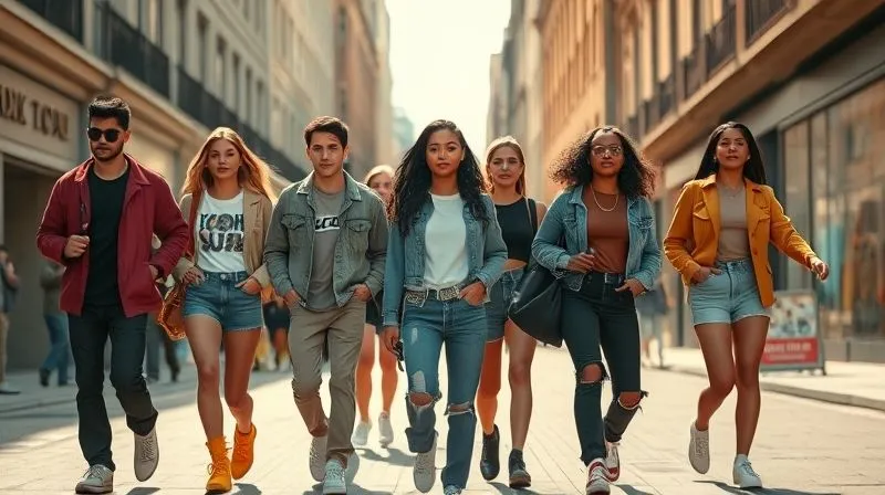 A vibrant, photorealistic image of a diverse group of young people confidently wearing stylish, modern streetwear, walking purposefully down a bustling, sun-drenched city street. The mood is optimistic and energetic, with sharp focus on their dynamic poses and the unique textures of their clothing. Cinematic lighting, depth of field blurring the urban background. 8K hyper-detailed, shot on a high-end DSLR.