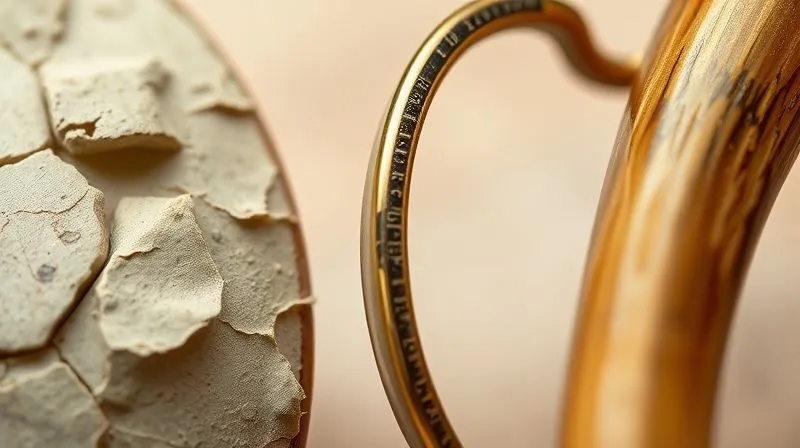 A macro, photorealistic image showcasing the distinct textures and subtle degradation of three different vintage eyewear frame materials: a brittle, discolored celluloid, a slightly corroded gold-filled metal, and a dry, fibrous horn. The lighting is cinematic, highlighting the imperfections and age, with sharp focus on the material details and a shallow depth of field. professional photography, 8K, shot on a high-end DSLR.