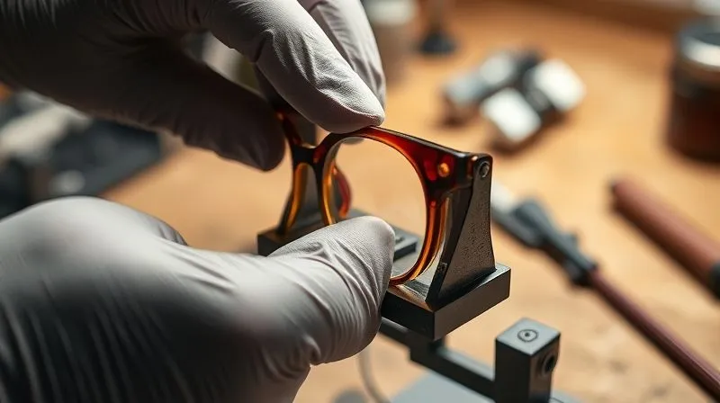 A close-up, photorealistic image of a gloved hand carefully guiding a newly edged modern lens into a vintage celluloid eyeglass frame. The frame is held securely in a specialized optical holder on a workbench. The lighting is soft and focused on the hands and frame, emphasizing precision and the delicate nature of the task. professional photography, 8K, shot on a high-end DSLR.