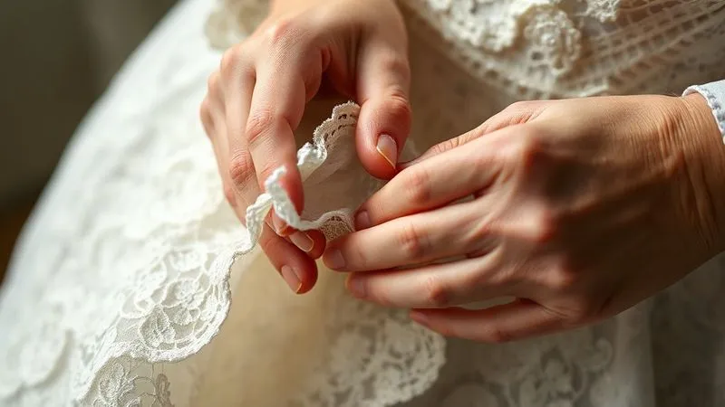 A close-up, photorealistic, professional photography, 8K, cinematic lighting, sharp focus, depth of field, shot on a high-end DSLR, of expert hands gently inspecting delicate, aged lace fabric from an antique wedding dress. A small, barely visible test patch area on the inner seam of the fabric shows a subtle reaction, emphasizing careful assessment before treatment.