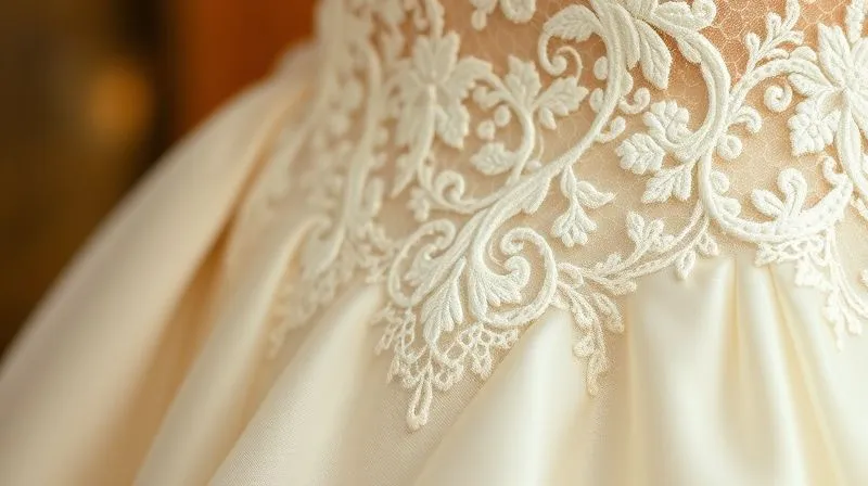 photorealistic, professional photography, 8K, cinematic lighting, sharp focus, depth of field, shot on a high-end DSLR. A close-up of a bridal gown where a delicate lace appliqué has been meticulously sewn over a previously damaged area of silk, making the repair indistinguishable and enhancing the dress's beauty. Soft, warm light highlights the texture of the lace.