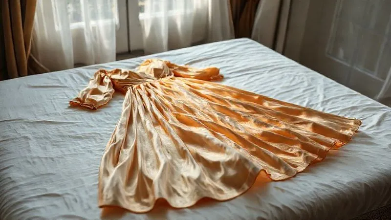 photorealistic, professional photography, 8K, cinematic lighting, sharp focus, depth of field, shot on a high-end DSLR, a delicate antique silk gown carefully laid flat on a clean white sheet, a gentle breeze from an open window causing subtle movement, soft, diffused light, conveying careful drying and preservation efforts.