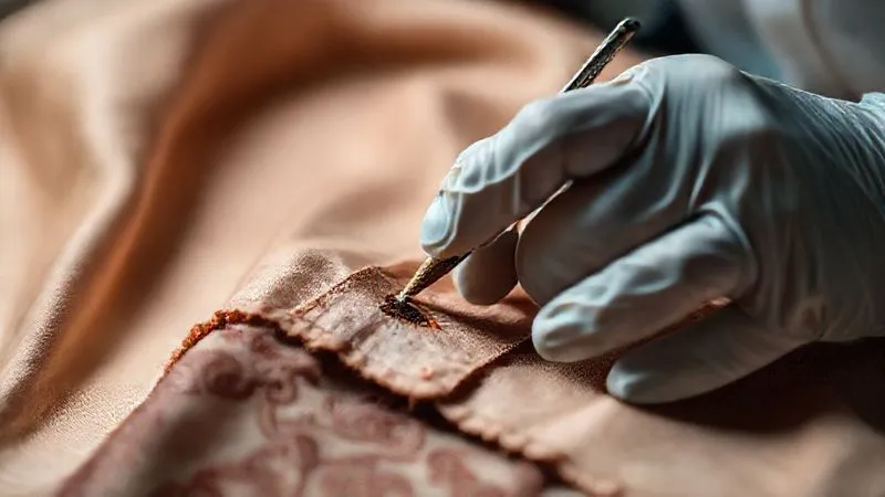 photorealistic, professional photography, 8K, cinematic lighting, sharp focus, depth of field, shot on a high-end DSLR, a conservator's gloved hands meticulously working on a section of antique silk fabric with a small brush and solution, magnifying glass nearby, focused on a delicate stain, conveying precision and expert care.