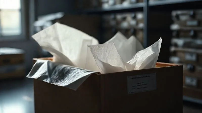 photorealistic, professional photography, 8K, cinematic lighting, sharp focus, depth of field, shot on a high-end DSLR, a pristine, acid-free archival storage box with a label, slightly ajar, revealing layers of soft, white tissue paper, in a dimly lit, climate-controlled storage room, conveying meticulous care and long-term preservation.