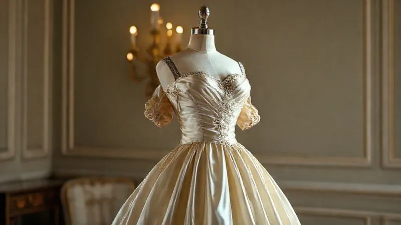 photorealistic, professional photography, 8K, cinematic lighting, sharp focus, depth of field, shot on a high-end DSLR, a beautifully restored antique silk gown, impeccably displayed on a padded mannequin in a soft, elegant light, showcasing its intricate details and renewed splendor, conveying a sense of triumph and preserved heritage.