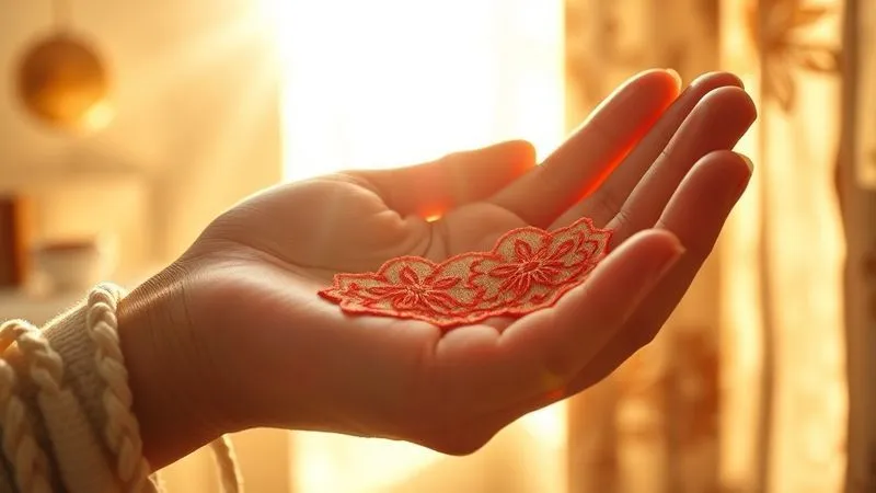 A hand gently holding a unique, intricately embroidered vintage garment, bathed in warm, soft light, symbolizing value and uniqueness. Photorealistic, professional photography, 8K, cinematic lighting, sharp focus, depth of field, shot on a high-end DSLR.