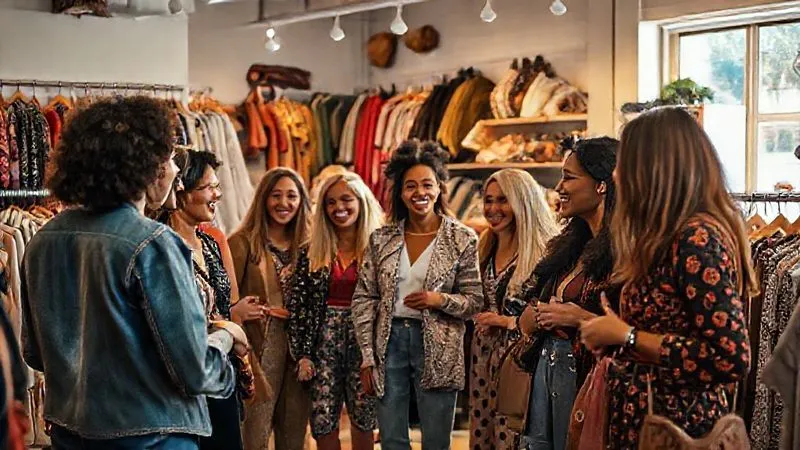 A lively gathering of diverse individuals happily interacting in a beautifully designed secondhand fashion boutique, sharing stories and admiration for unique pieces, fostering a sense of belonging. Photorealistic, professional photography, 8K, cinematic lighting, sharp focus, depth of field, shot on a high-end DSLR.