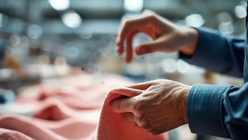 A photorealistic, professional photography, 8K, cinematic lighting, sharp focus, depth of field image showing a single, beautifully crafted garment being carefully inspected by hand, with a blurred background of a complex, interwoven circular economy diagram, symbolizing thoughtful, sustainable growth.