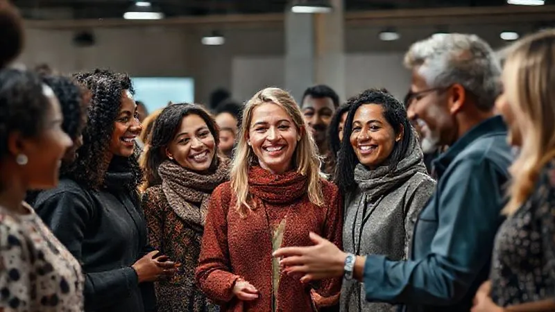A photorealistic, professional photography, 8K, cinematic lighting, sharp focus, depth of field image depicting a diverse group of people, smiling and engaged, gathered around a fashion designer who is passionately explaining the ethical sourcing of a fabric, creating a sense of shared purpose and community.