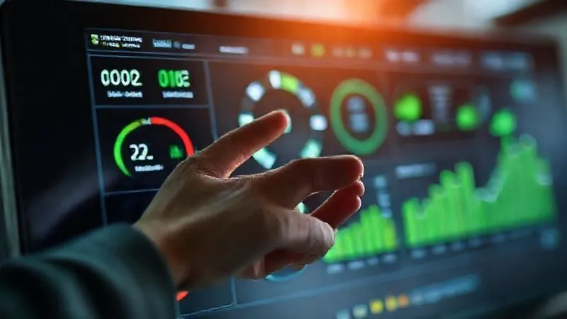 A photorealistic, professional photography, 8K, cinematic lighting, sharp focus, depth of field image of a sleek digital dashboard displaying various sustainability metrics: CO2 emissions reduction, fair wage distribution, and material traceability, with a human hand gently interacting with a touch screen, symbolizing technology as an ethical tool.