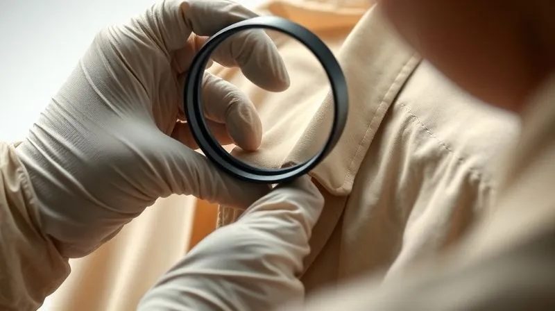 A photorealistic close-up of a vintage garment being carefully inspected by gloved hands under a magnifying glass, focusing on intricate details and fabric quality, soft studio lighting, 8K, cinematic lighting, sharp focus, depth of field, shot on a high-end DSLR.
