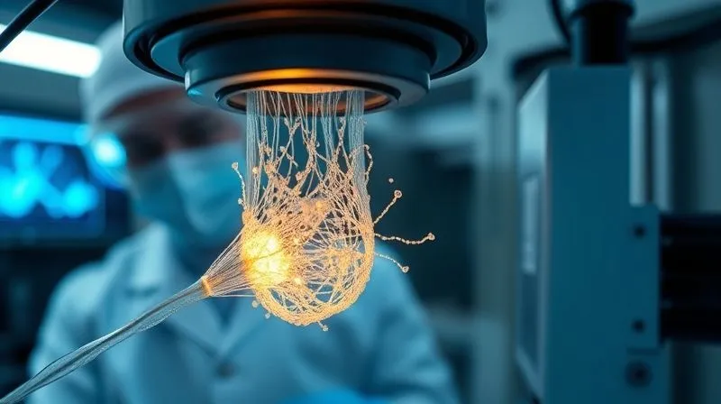 Photorealistic, professional photography, 8K, cinematic lighting, sharp focus, depth of field, shot on a high-end DSLR. A close-up, macro shot of a bio-engineered fiber being analyzed under a state-of-the-art electron microscope. The fiber glows subtly, revealing intricate molecular structures. A scientist in cleanroom attire is visible in the background, observing a digital display of the fiber's magnified image, emphasizing precision and scientific rigor in material characterization.