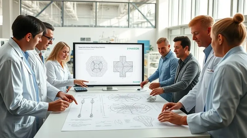 Photorealistic, professional photography, 8K, cinematic lighting, sharp focus, depth of field, shot on a high-end DSLR. A diverse group of scientists, textile engineers, and designers collaborating around a large table in a modern, sunlit R&D lab. They are examining samples of bio-engineered fabric, digital schematics on a large screen, and 3D models. The atmosphere is vibrant and collaborative, with individuals actively discussing and pointing, symbolizing interdisciplinary innovation and partnership in textile development.