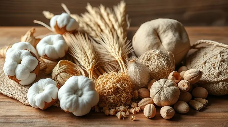 photorealistic, professional photography, 8K, cinematic lighting, sharp focus, depth of field, shot on a high-end DSLR. A diverse collection of raw, natural biodegradable textile fibers, such as organic cotton bolls, hemp stalks, flax fibers, and wood pulp pellets, arranged artfully on a rustic wooden table with soft, natural light, symbolizing sustainable sourcing and the foundation of eco-friendly fashion.