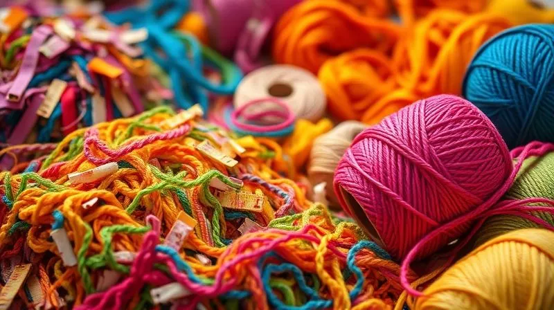 photorealistic, professional photography, 8K, cinematic lighting, sharp focus, depth of field, shot on a high-end DSLR. A vibrant, conceptual image illustrating a circular economy for textiles. Mounds of colorful textile waste are being transformed into fresh, new spools of yarn, with symbols of recycling and natural decomposition subtly integrated into the background, showcasing a seamless loop of material flow and innovation.